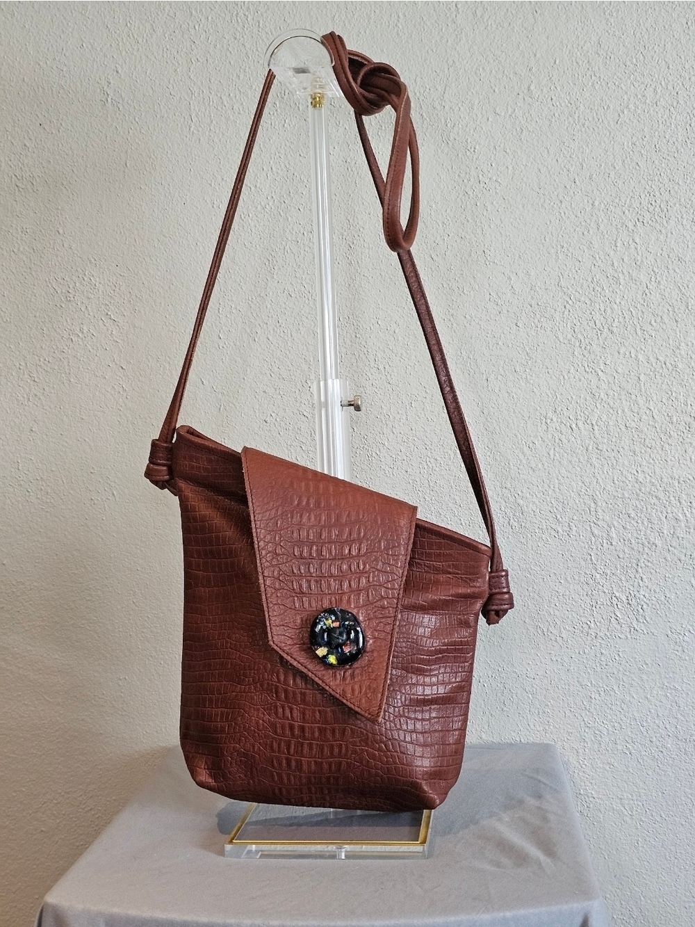 Tom Thomas Leathers Brown Leather Crossbody Croc Embossed Dichroic Glass